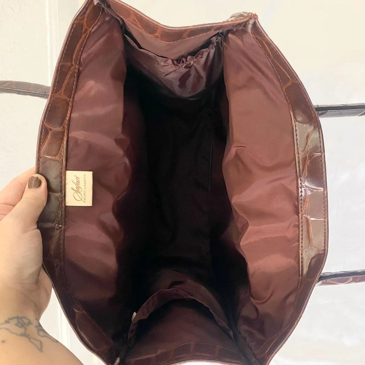 Vintage Boho Large Ralph Lauren Safari Brown Faux Croc Top Handle Tote Bag - Image 4