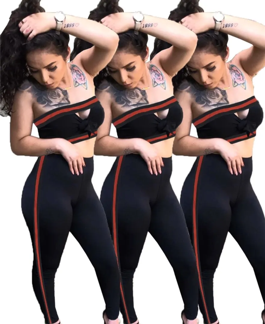 Ladies Strapless red Stripe Bodysuit Leggings Black - Image 4