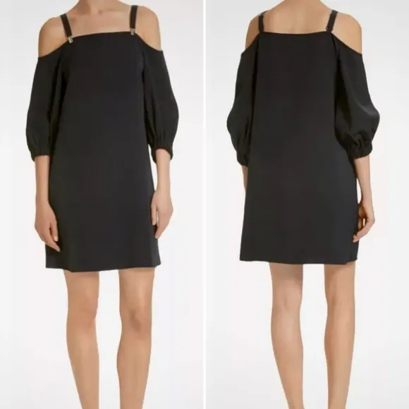 TIBI Cold Shoulder Suspender Drape Twill Black Mini Shift Dress Sz 0 - Image 2