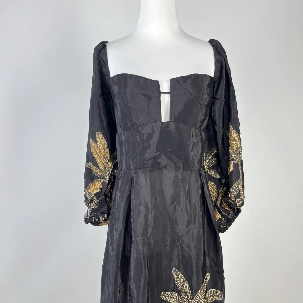 NWOT Farm Rio Maxi Dress Size M Black Print Puff Sleeves Plant Short Sleeve - Image 6