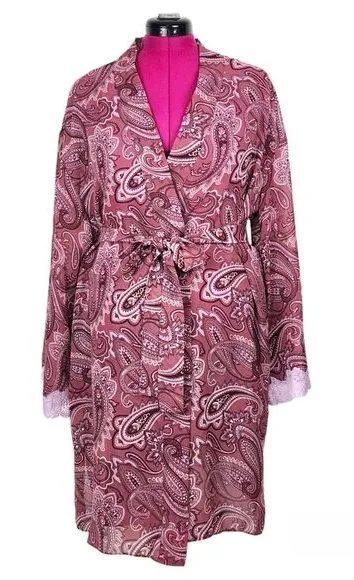 Valerie Stevens Robe Mauve Chiffon Paisley Print Lace Accent Cuffs Size L - Image 1