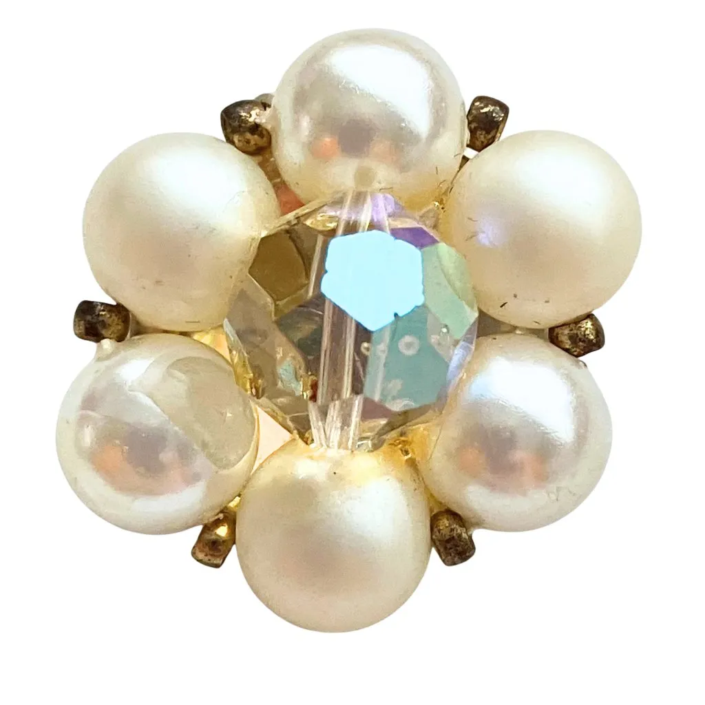 Vintage 50s Signed Lisner Faux Pearl AB Stone Flower Cluster Clip On Earrings Gold - Image 3