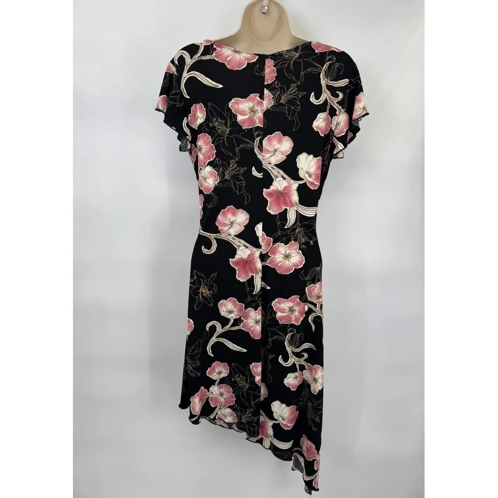 Vintage Y2K PS Asymmetrical Dress Womens Small Black Pink Floral Flutter Sleeve - Image 8