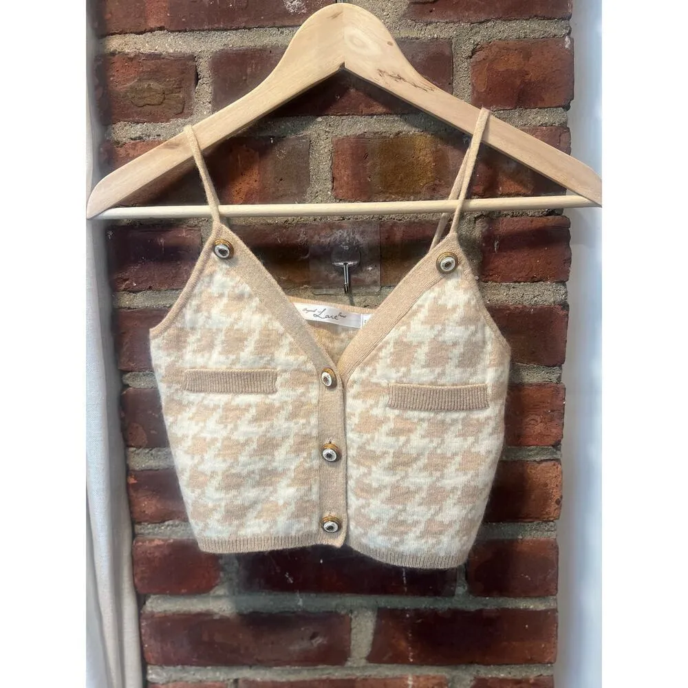 Women’s Preppy Rich Girl Fuzzy Houndstooth Cardigan Sweater Set Small Beige - Image 8