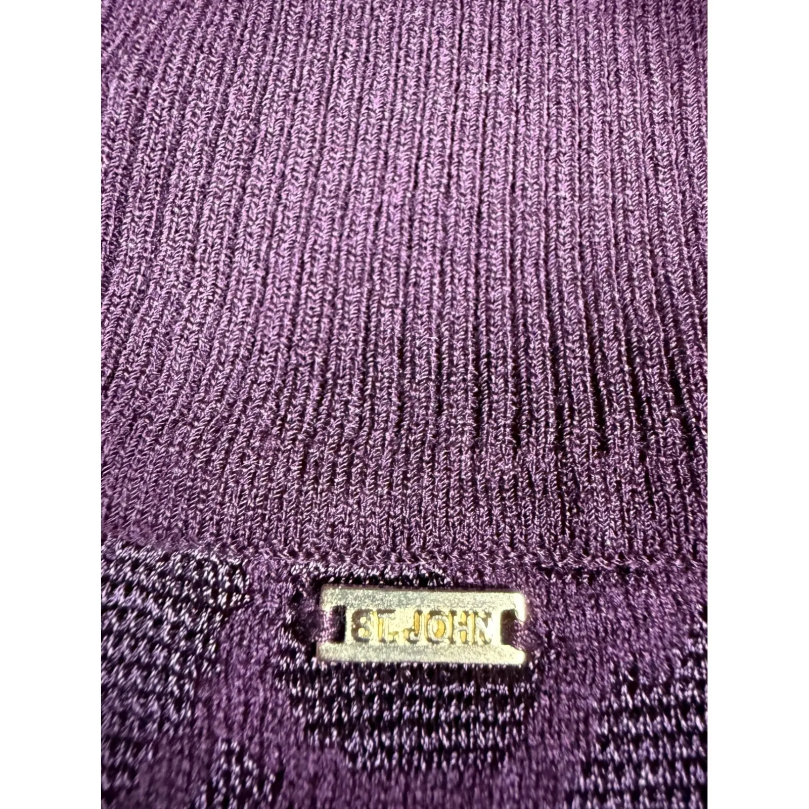 St. John Purple Plum Knit Cardigan Sweater Open Front Floral Pattern Medium - Image 6