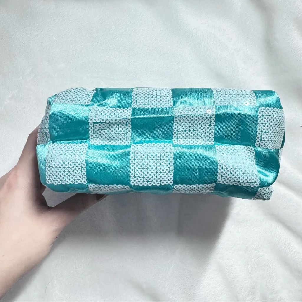 Blue Green Teal Aqua Checkered Sequin Pouch Makeup Bag - Image 5