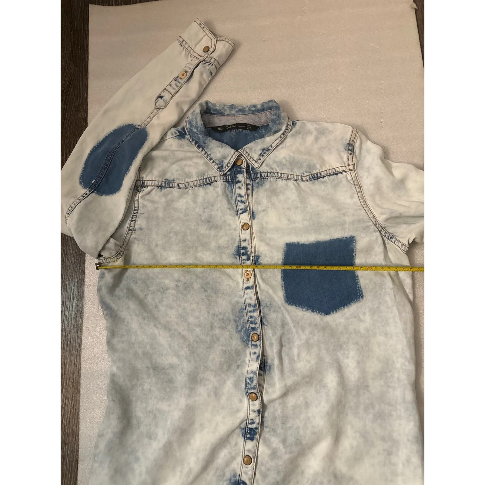 Zara Trafaluc Light Shaded Acid Wash Long Sleeve Shirt L 80s Country Rocker Blue Size L - Image 8