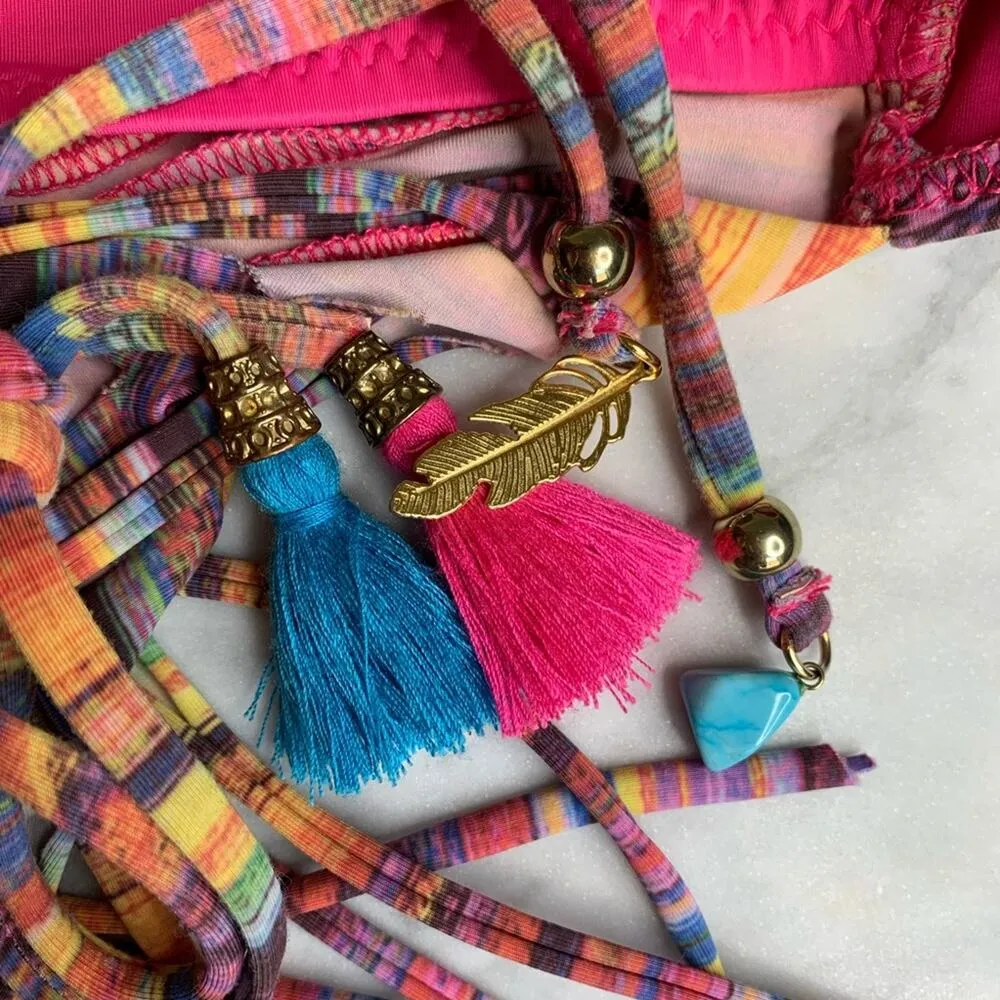 Alé by Alessandra Rainbow Patchwork Halter Fringe Bikini Tankini Top Size XS - Image 5