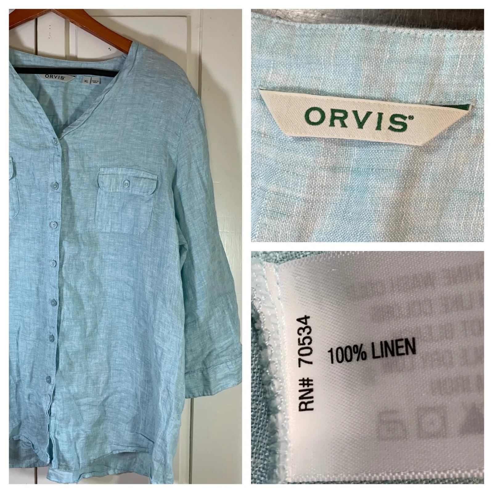 Orvis Womens Button Down Shirt XL Blue Linen 3/4 Sleeve Pockets Casual READ - Image 14