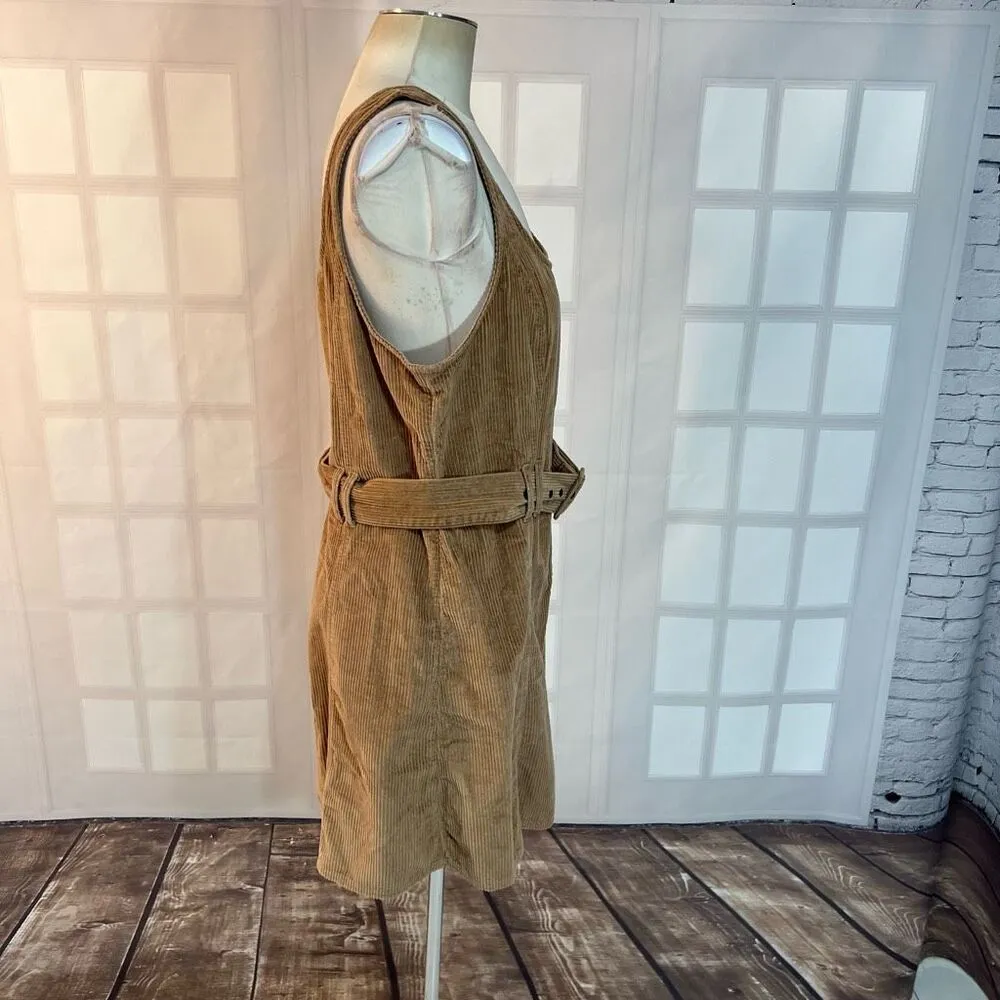 American Eagle Outfitters Tan Belted Corduroy Overall Jumper Mini Dress Large - Image 5