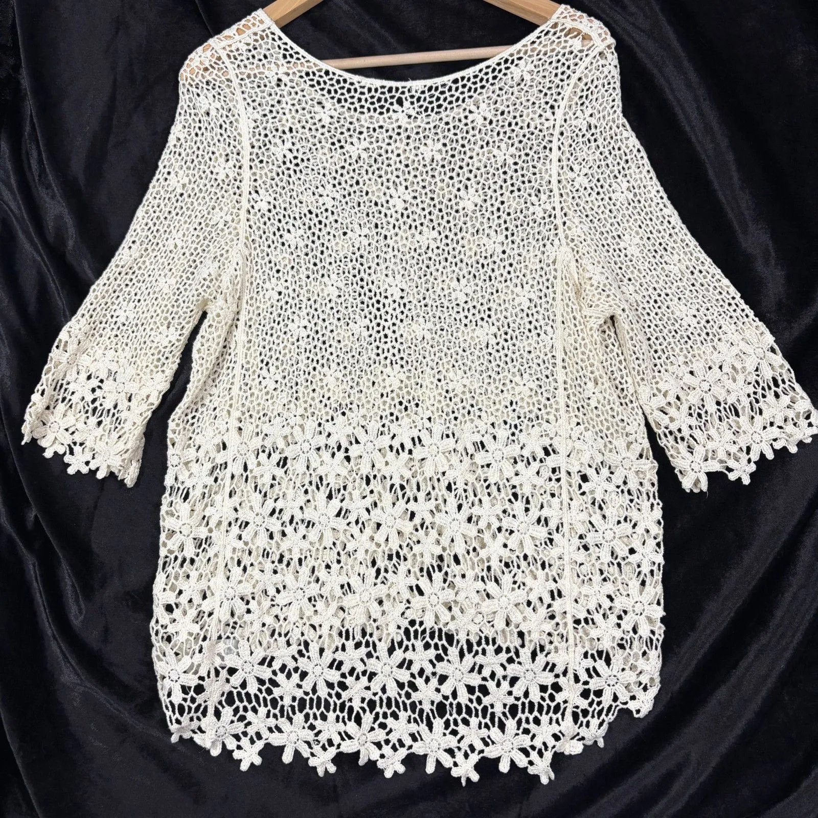 Flower Crochet Top Womens OSFM Ivory 3/4 Sleeve Boho Festival Fairy Beachy Party Size undefined - Image 5