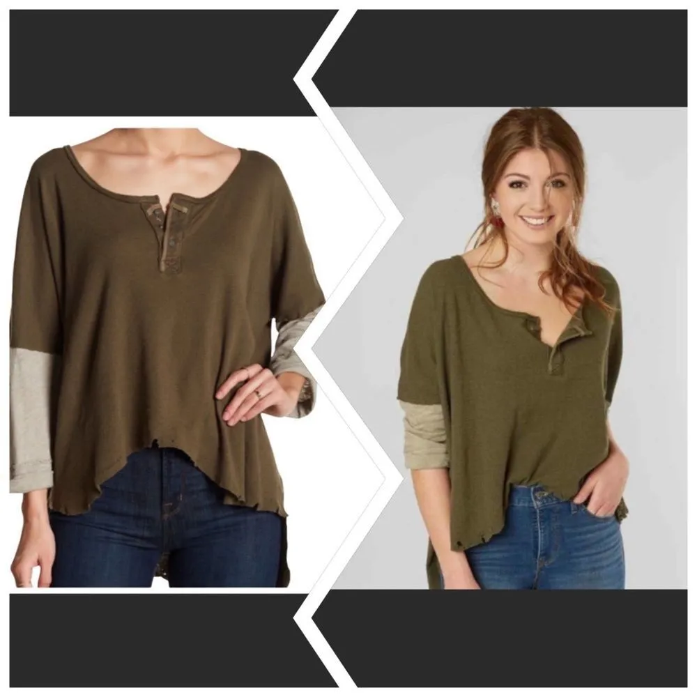 We The Free/Free People Star Henley Top Linen/Cotton Blend Factory Distress-XS - Image 4