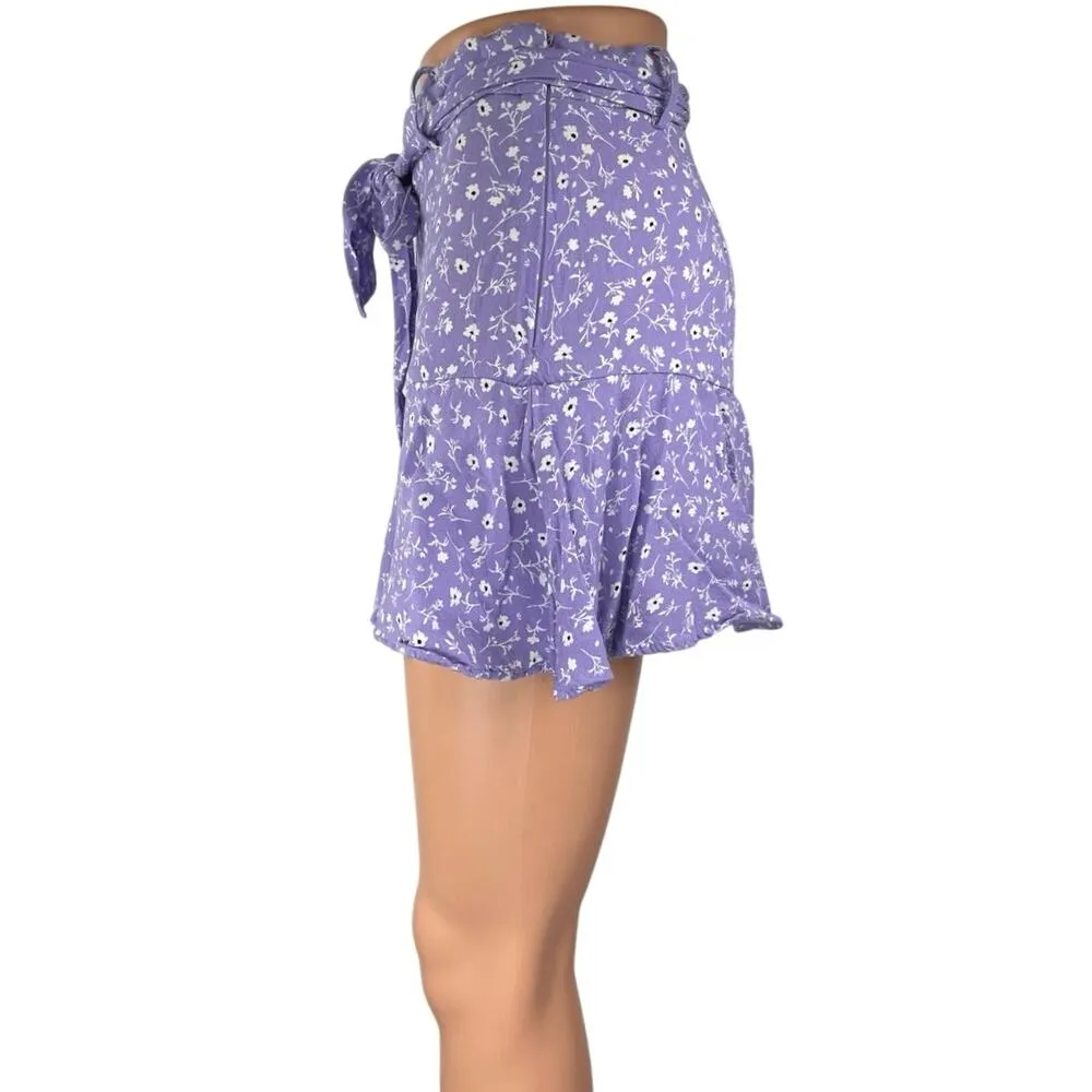 Zara Purple White High Waisted Floral Belted Tie Ruffle A Line Mini Skirt Size M - Image 2