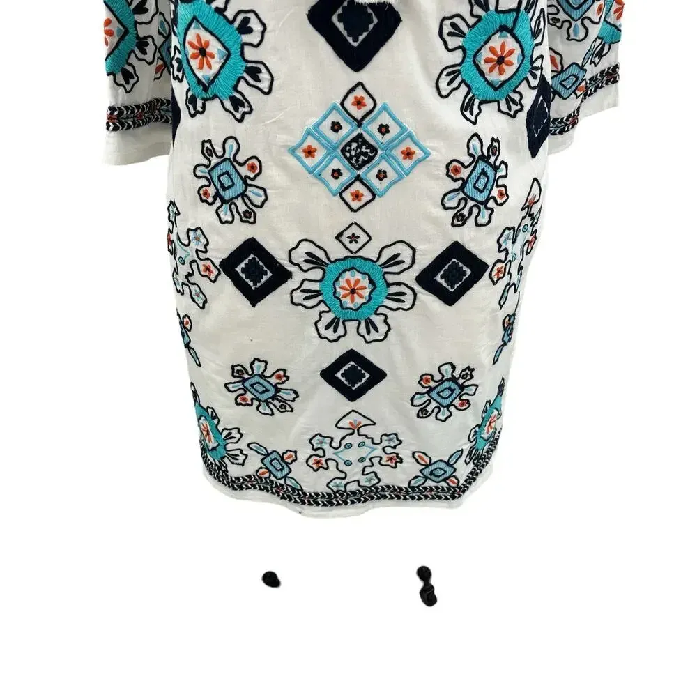 Frances Valentine Capri Tunic Dress‎ Oyster White Blue Embroidery Size XS - Image 3