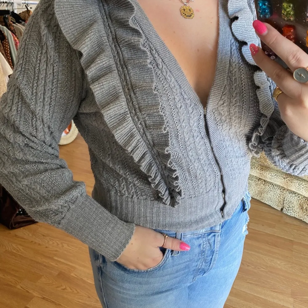 HM grey button up ruffle cardigan sweater - Image 2