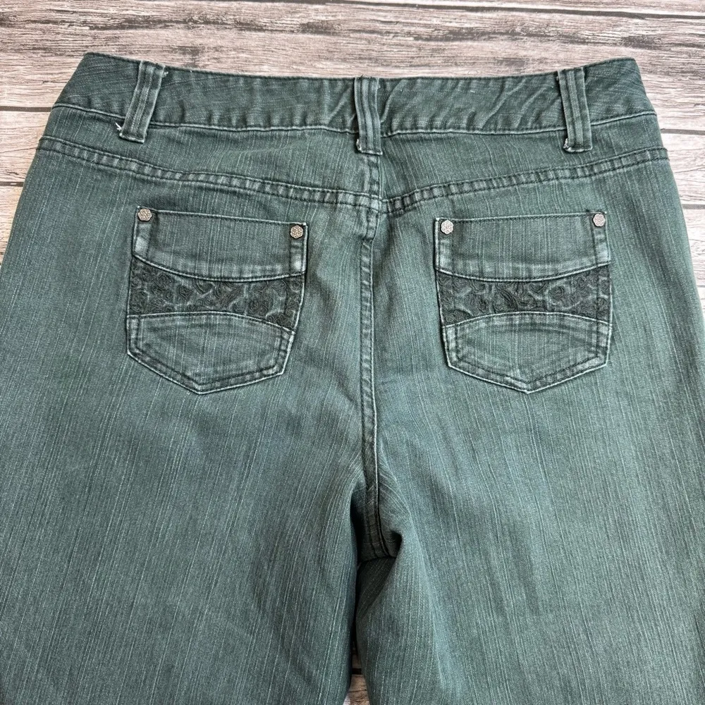 Christopher & Banks Women's Dark Green Denim Straight Leg Jeans 14 Textured Zip - Image 6