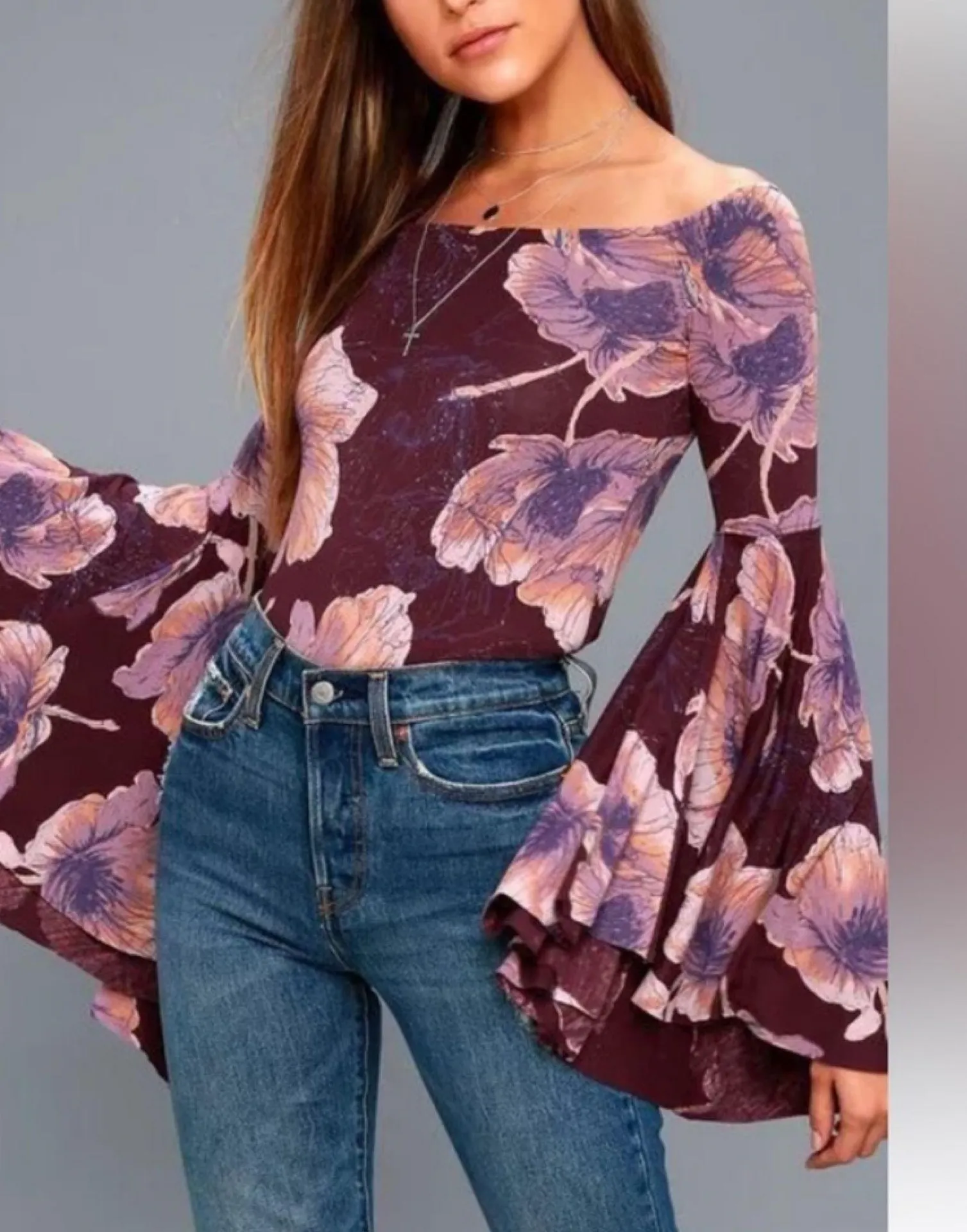 We The Free Birds Of Paradise Printed Flared Sleeve Top Boho Off the Shoulder M - Image 4