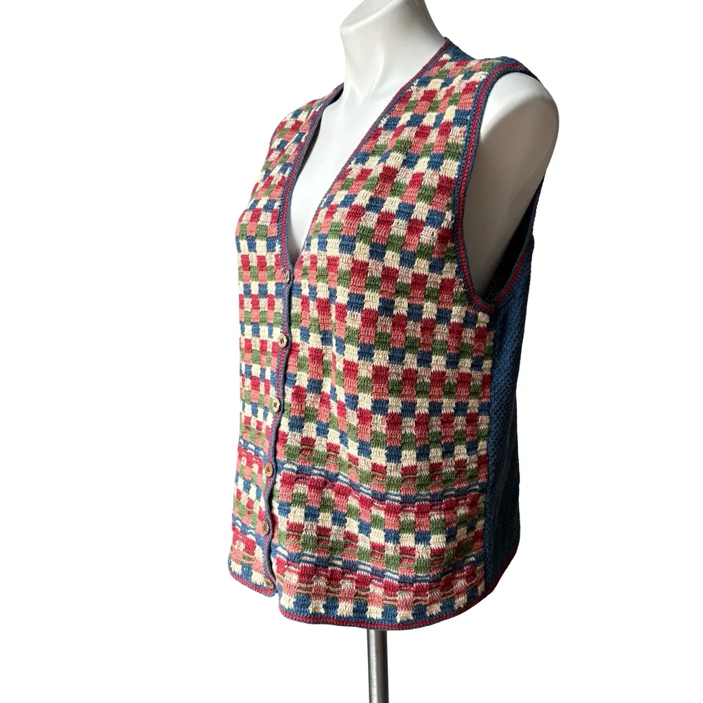 Koret Vintage Retro Hand Knitted Patchwork Sweater Vest, Sz M Blue Size M - Image 5