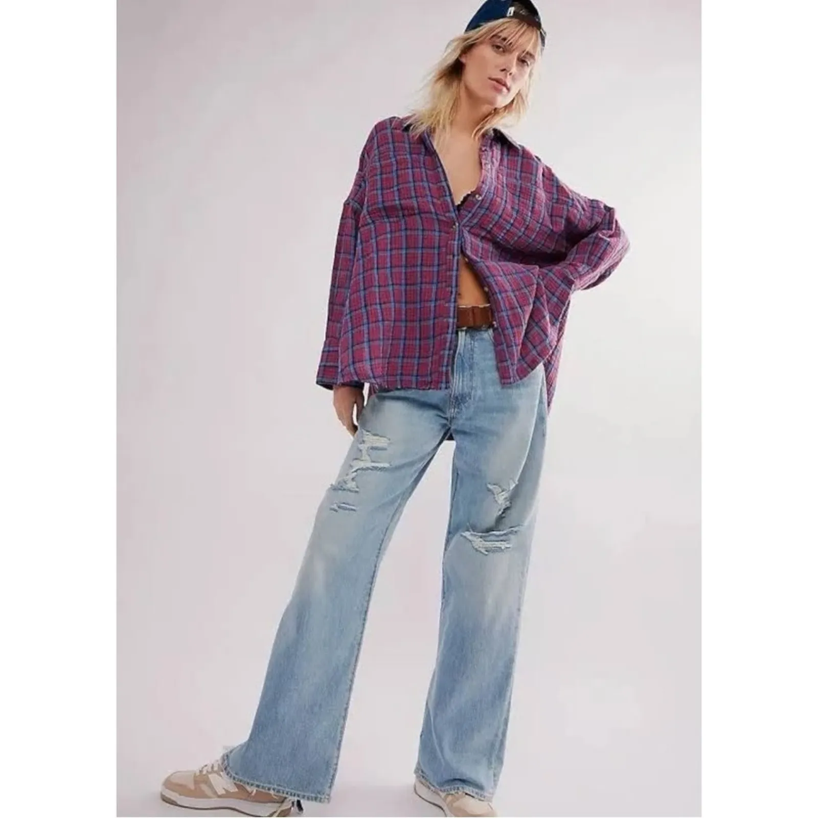 Free People Oversized Bohemian Grunge Fall Cardiff Plaid Swing Top Shirt Medium - Image 9