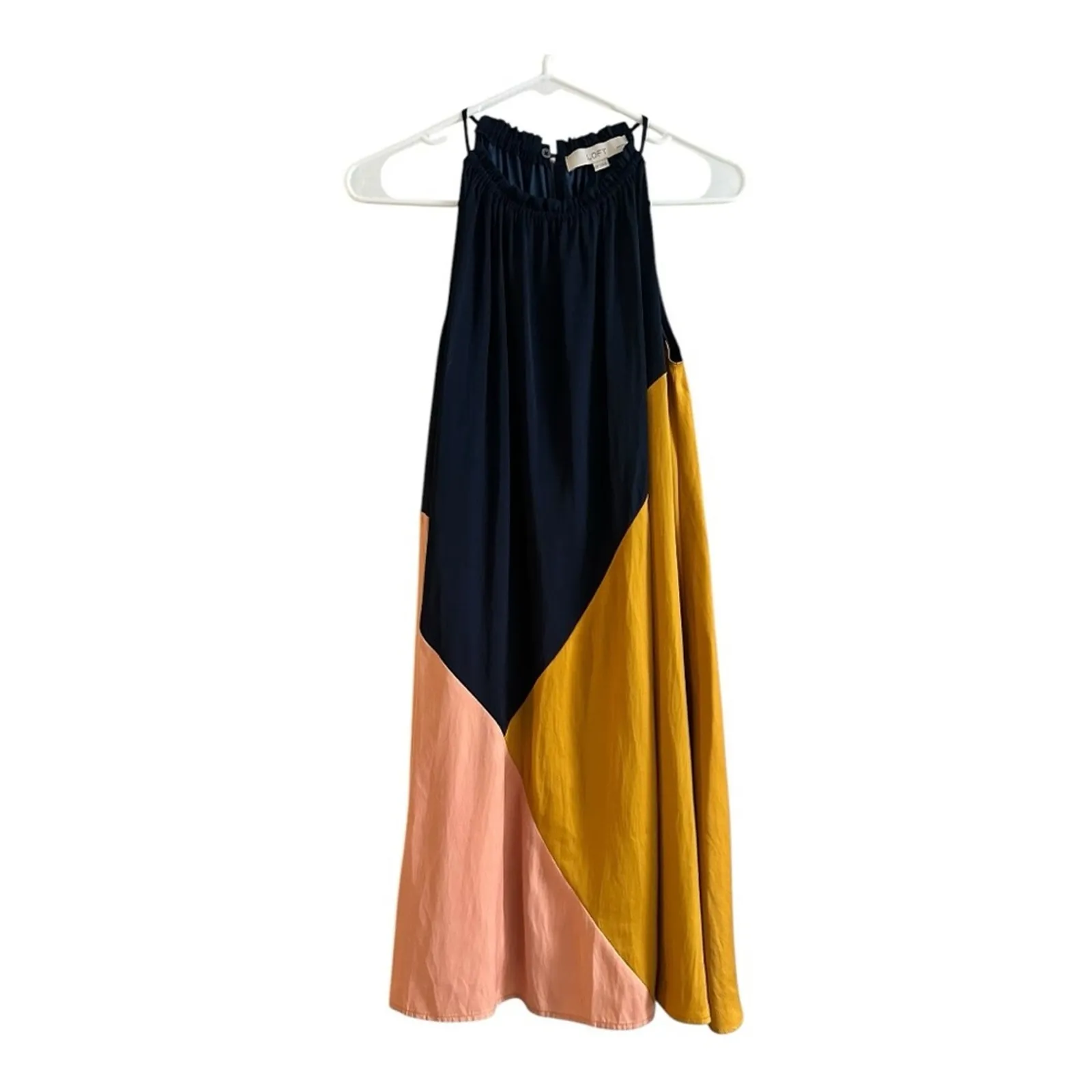 LOFT Colorblock Halter Swing Dress SP gold and navy NEW - Image 3