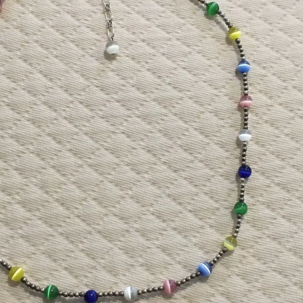 VTG Sterling Silver Multicolor Cats Eye Station Beaded Choker Necklace Extension - Image 12