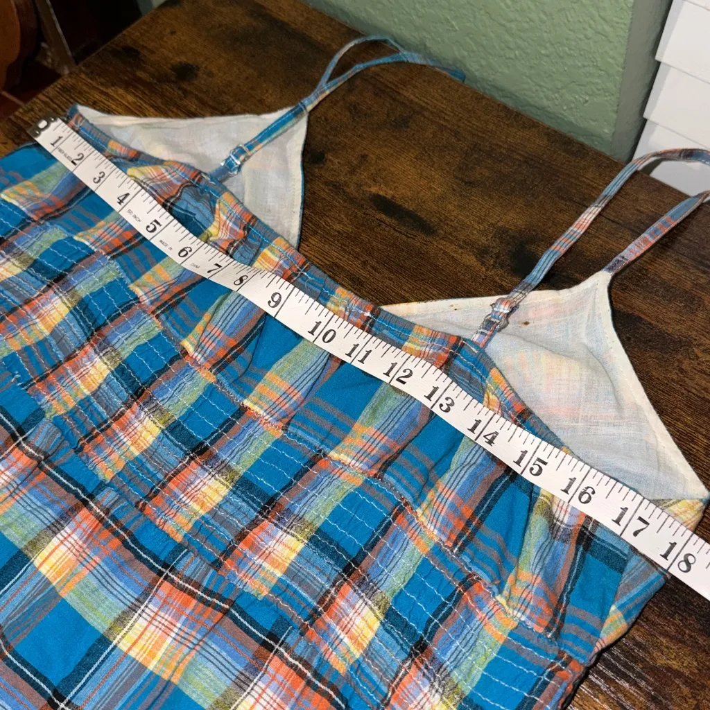 Vintage Plaid Spaghetti Strap Dress with floral embroidery and eyelet lace Blue Size M - Image 5