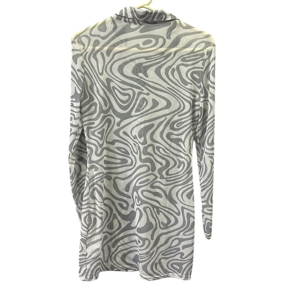 White Gray Swirl Stretch Mesh Semi Sheer Long Sleeve Half Button Up Mini Dress S - Image 8