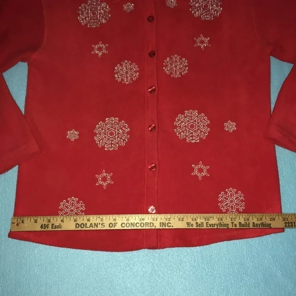 ❄️ Vintage fleece Christmas sweater/ jacket embroidered snowflakes size L Red Size L - Image 6
