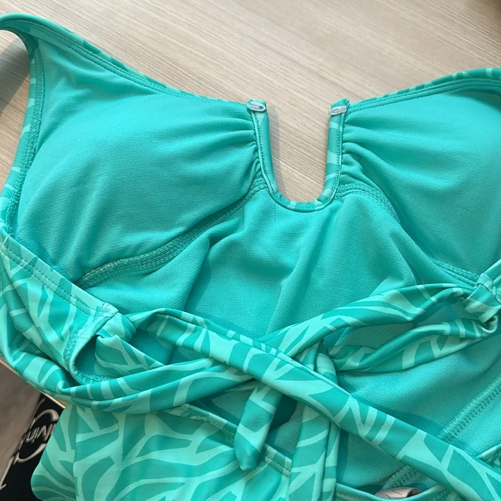 Dorina Turquoise Leaf Print Halter swimsuit w/ Sarong Blue - Image 6