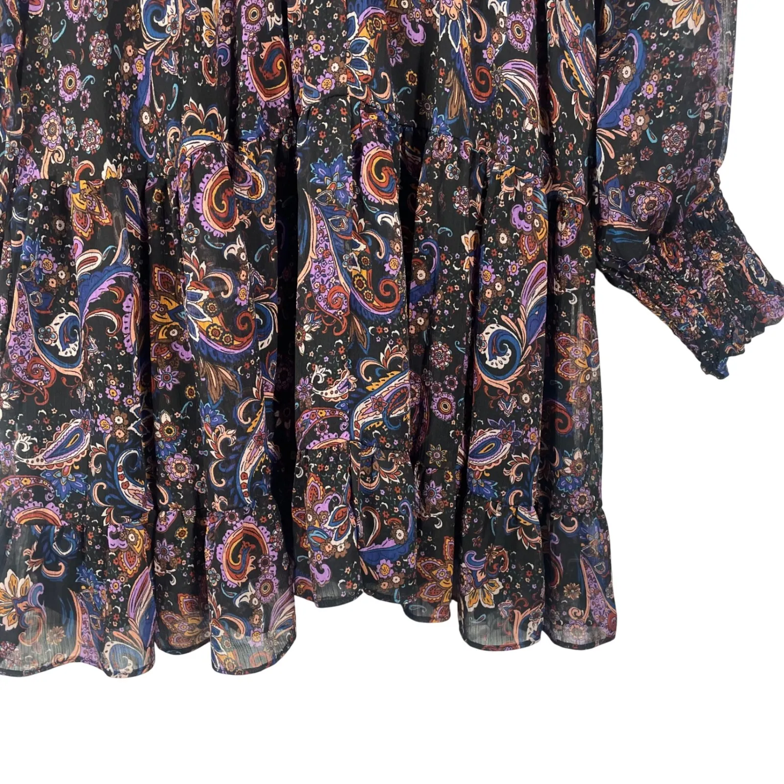 Fate Women's Boho Paisley Mini Dress M Ruffle Long Sleeve Sheer Lined Multicolor Black Size M - Image 9