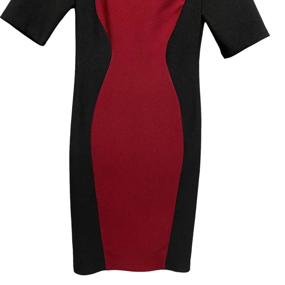 Bisou Bisou Sz 4 Black Maroon Career Formal Dress Sheath Short Sleeve Stretch - Image 3