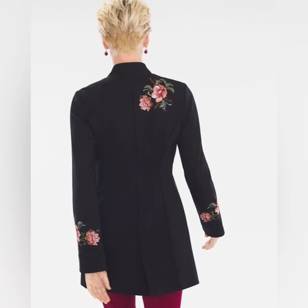 Chico's Size 0 (Small) Black Embroidered Floral Button Ponte Jacket w/Pockets - Image 6