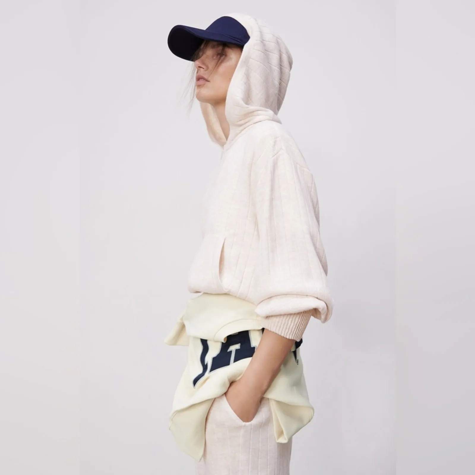 Zara Cream Cropped Knit Ribbed Oversized Comfy Hoodie Sweatshirt Medium Chic - Image 3