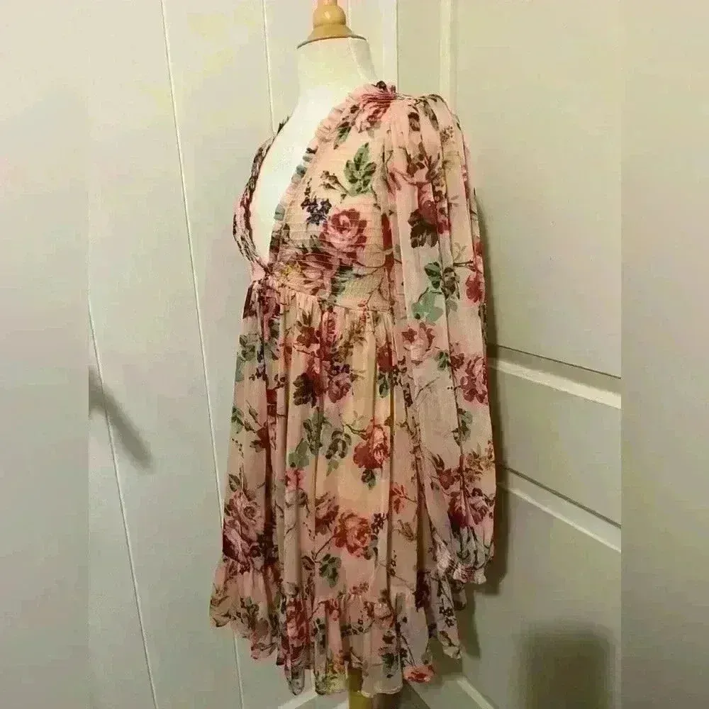 By Timo Pink Floral Long Sleeve Mini Dress Small Made in India Coquette Fairy - Image 3