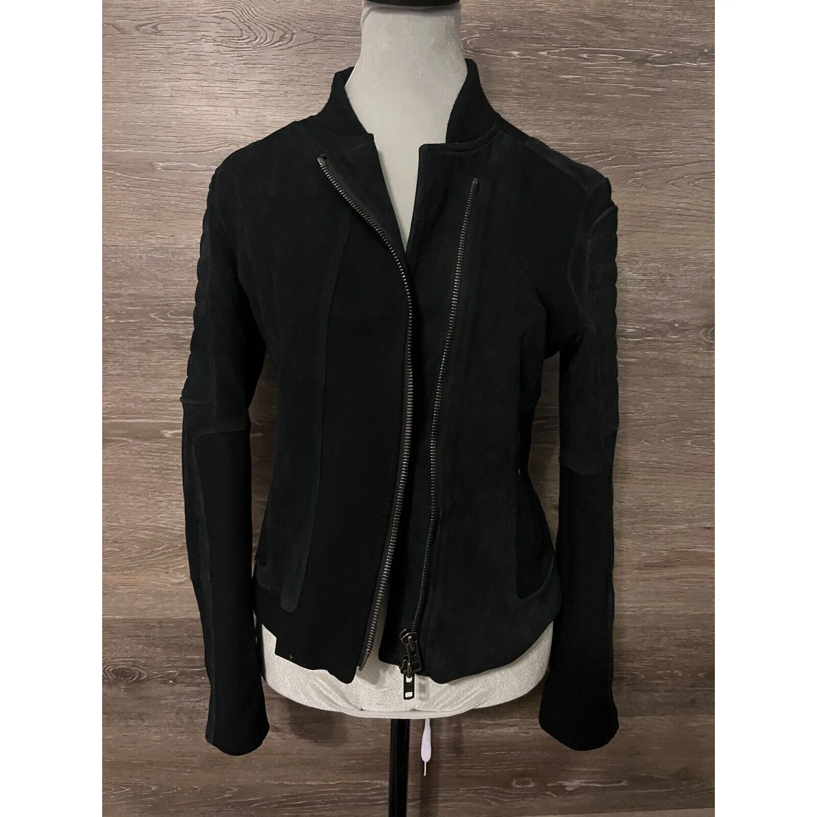 THEORY Jacket Black Suede Moto Sz M Lamb Leather Wool Short Lined - Image 2