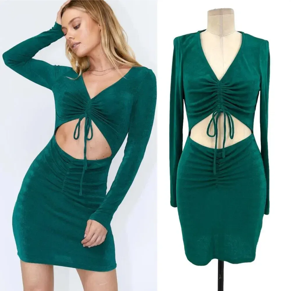 Princess Polly Kylie Mini Dress Forest Green Cut-Out‎ Ruched Bodycon Size US 8 - Image 2