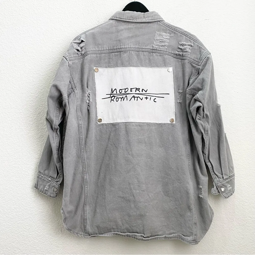 Modern Romantic Distressed Light Gray Denim Button Up LS Shirt One Size fits M/L - Image 7