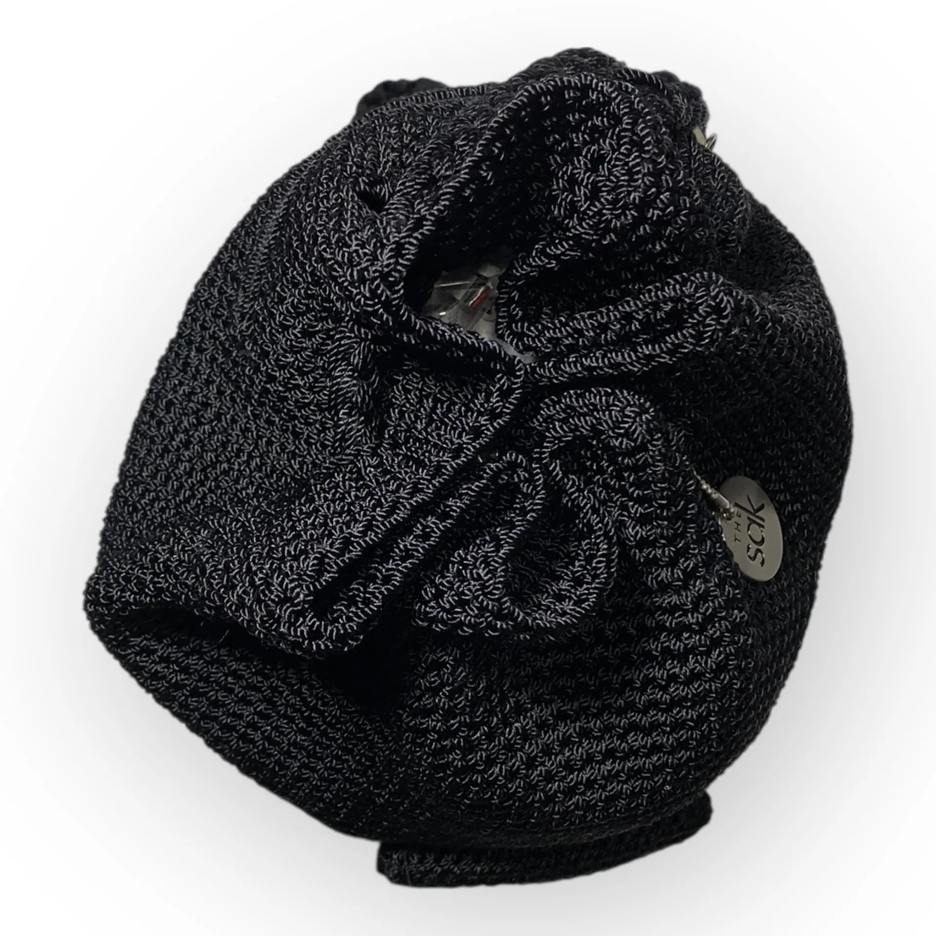 The Sak Bucket Bag Backpack Black Crochet Knit Drawstring Boho Chic Woven - Image 9