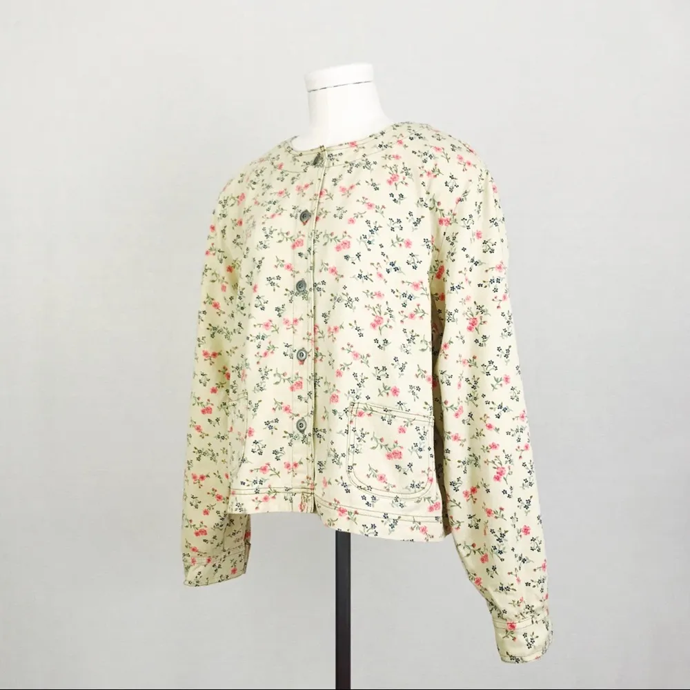 Vintage Collarless Floral Twill Jacket | Size M/L Yellow Size M - Image 3
