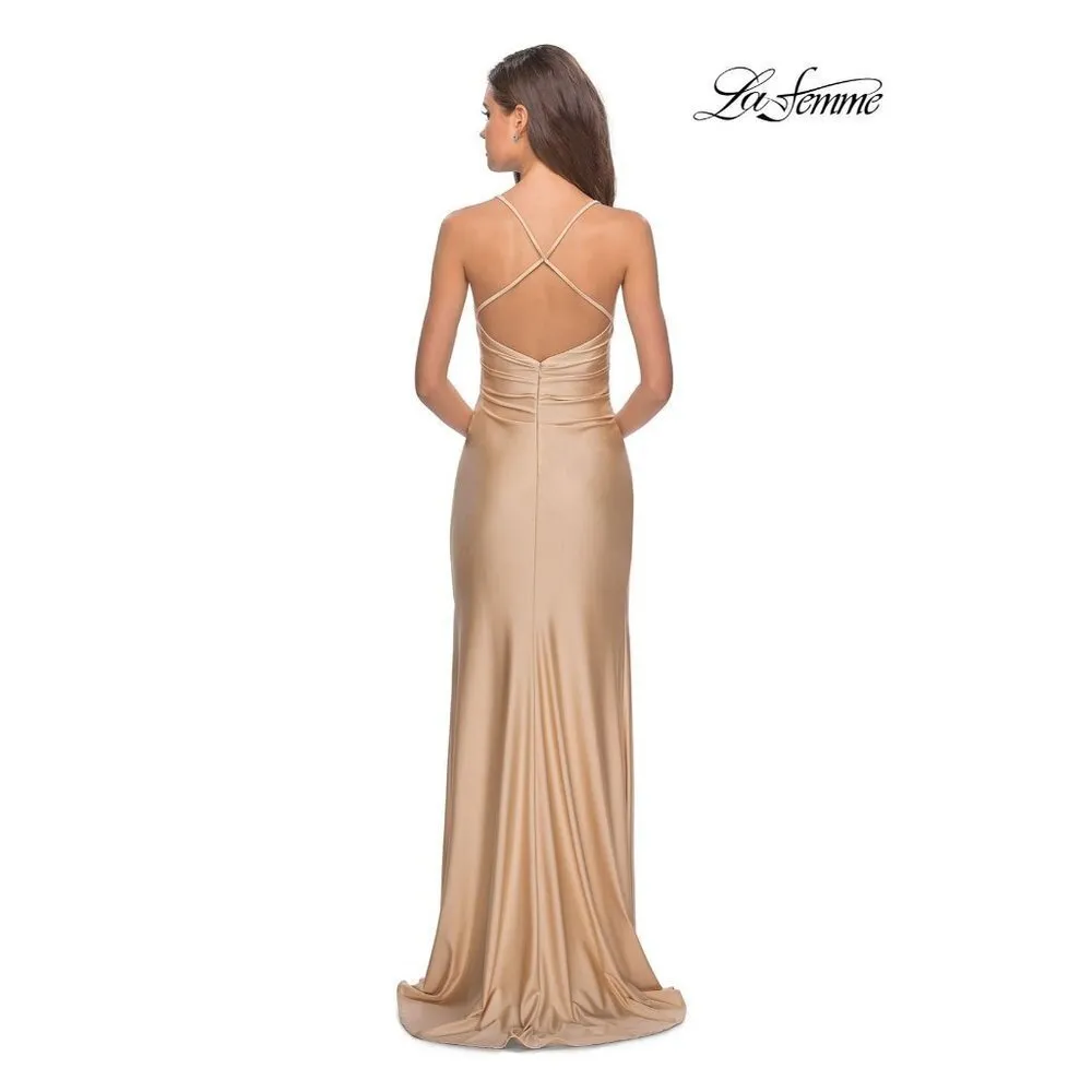 La Femme 28206 Cross Back Satin Jersey Trumpet Gown Gold Nude Womens Size 12 - Image 2