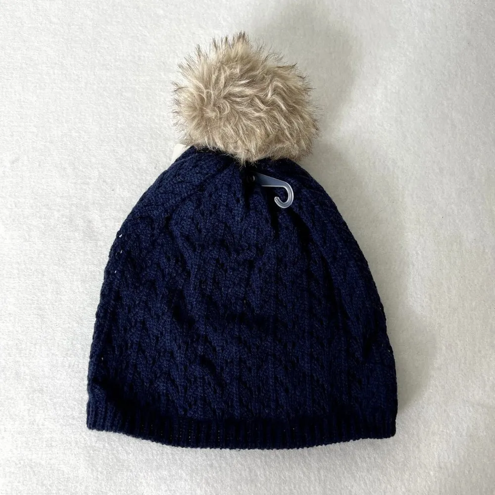 Navy Pointelle Knit Pom Pom Beanie Winter Hat - Image 2