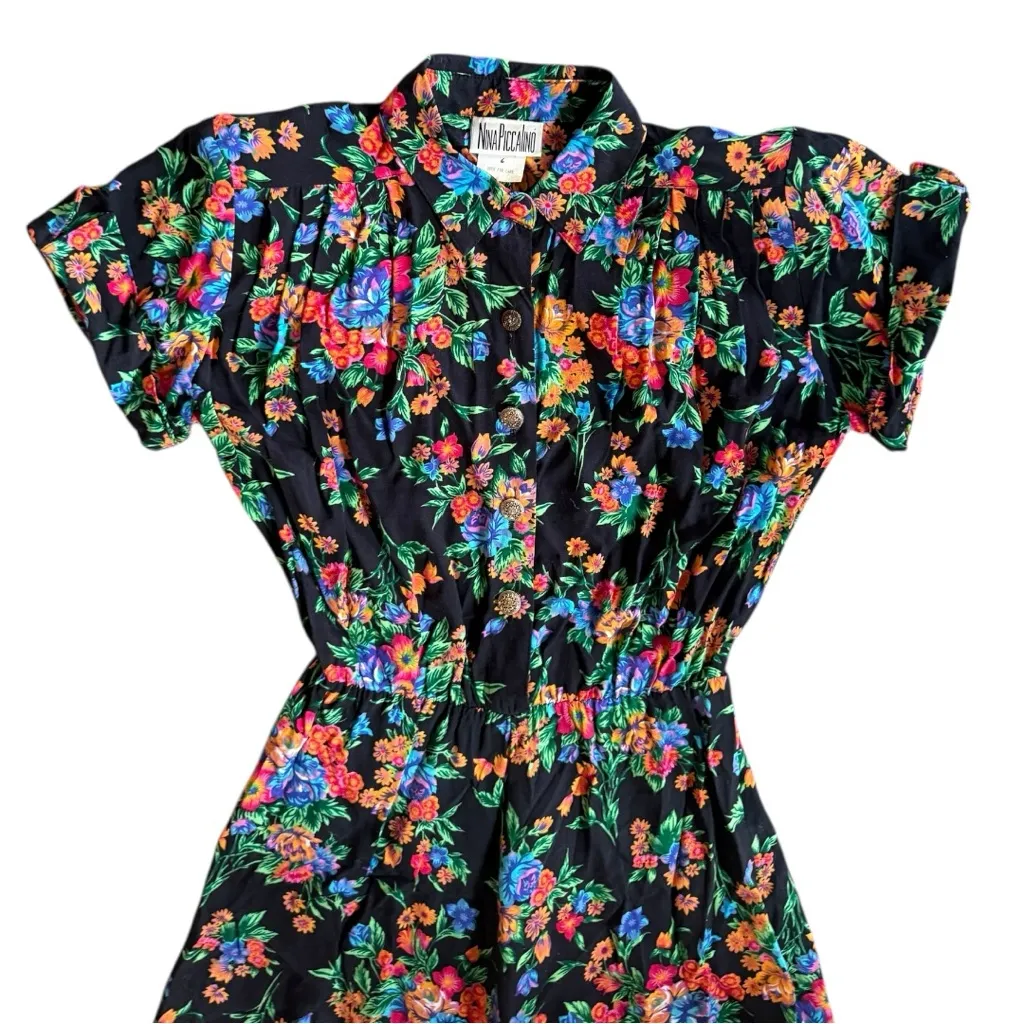 Vintage 80s Nina Piccalino Floral Button Down Shirt Dress Size 6 Black - Image 2