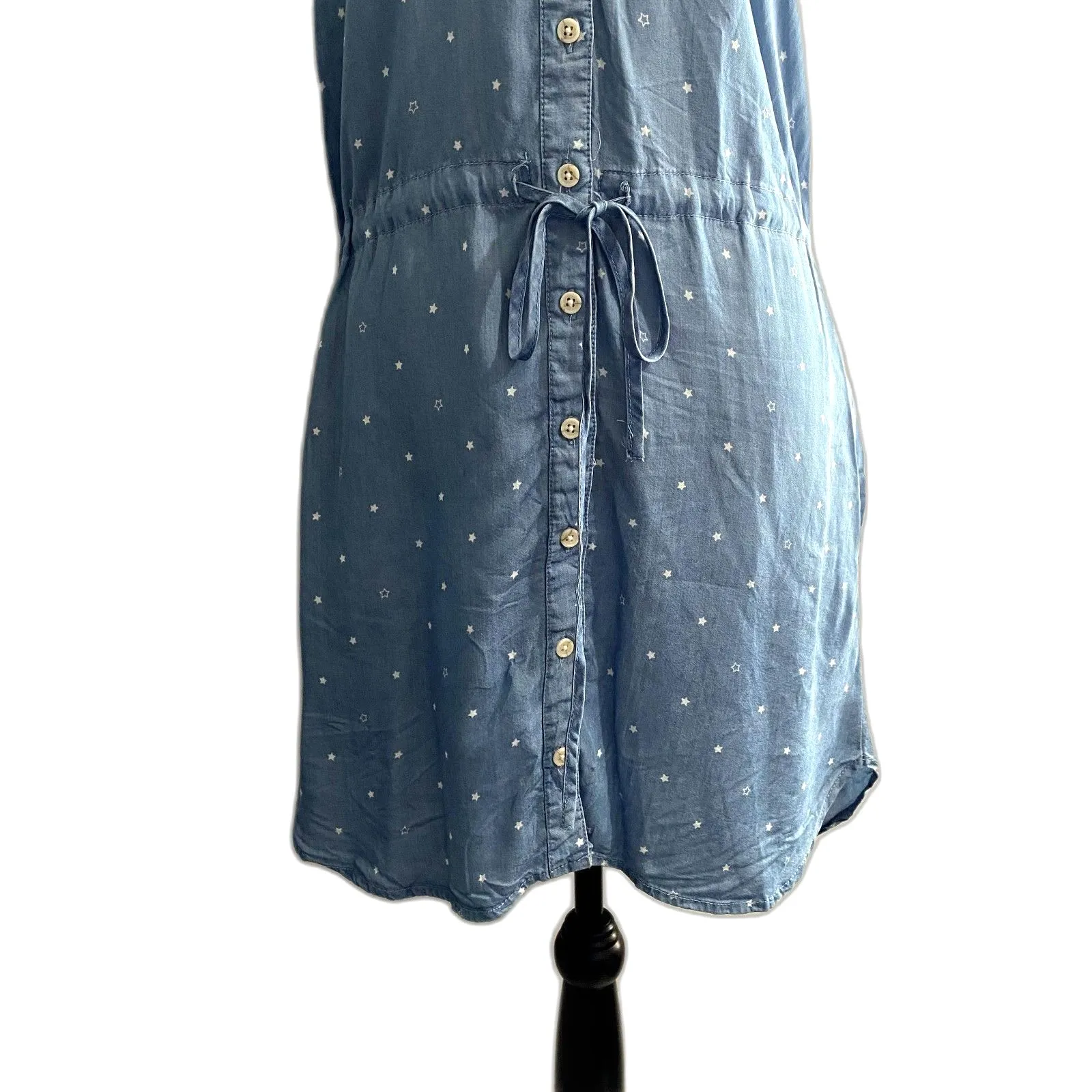 Thread‎ & Supply Chambray Mini Shirtdress Star Print Tie Waist Denim Size Small Blue - Image 3