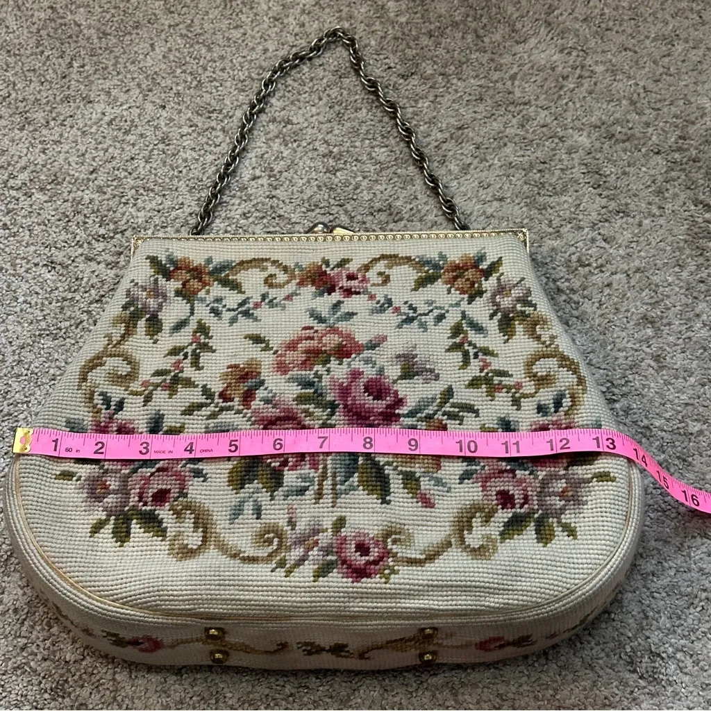 Floral Embroidered Wool Needlepoint Kisslock Vintage Women Bag Purse - Image 12