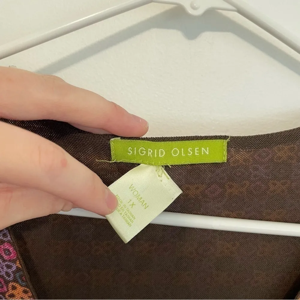 SIGRID OLSEN Plus Size Purple Orange Brown Multi Geo Retro Mesh 3/4 Sleeve Top - Image 14