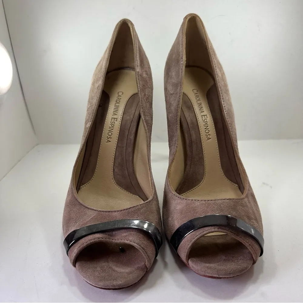 Carolinna Espinosa Women's Taupe Suede Leather Heels Shoes Peep Toe Size 7 Metal Tan - Image 3