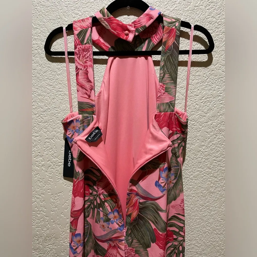 NWT BEBE Bodycon Halter Pink Tropical Dress Size L - Image 11