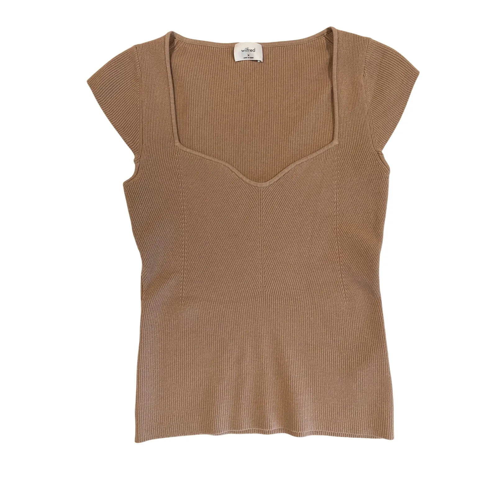 Aritzia Wilfred Tan Ribbed Knit Short Sleeve Sweetheart Neck Top Size XS/S - Image 2