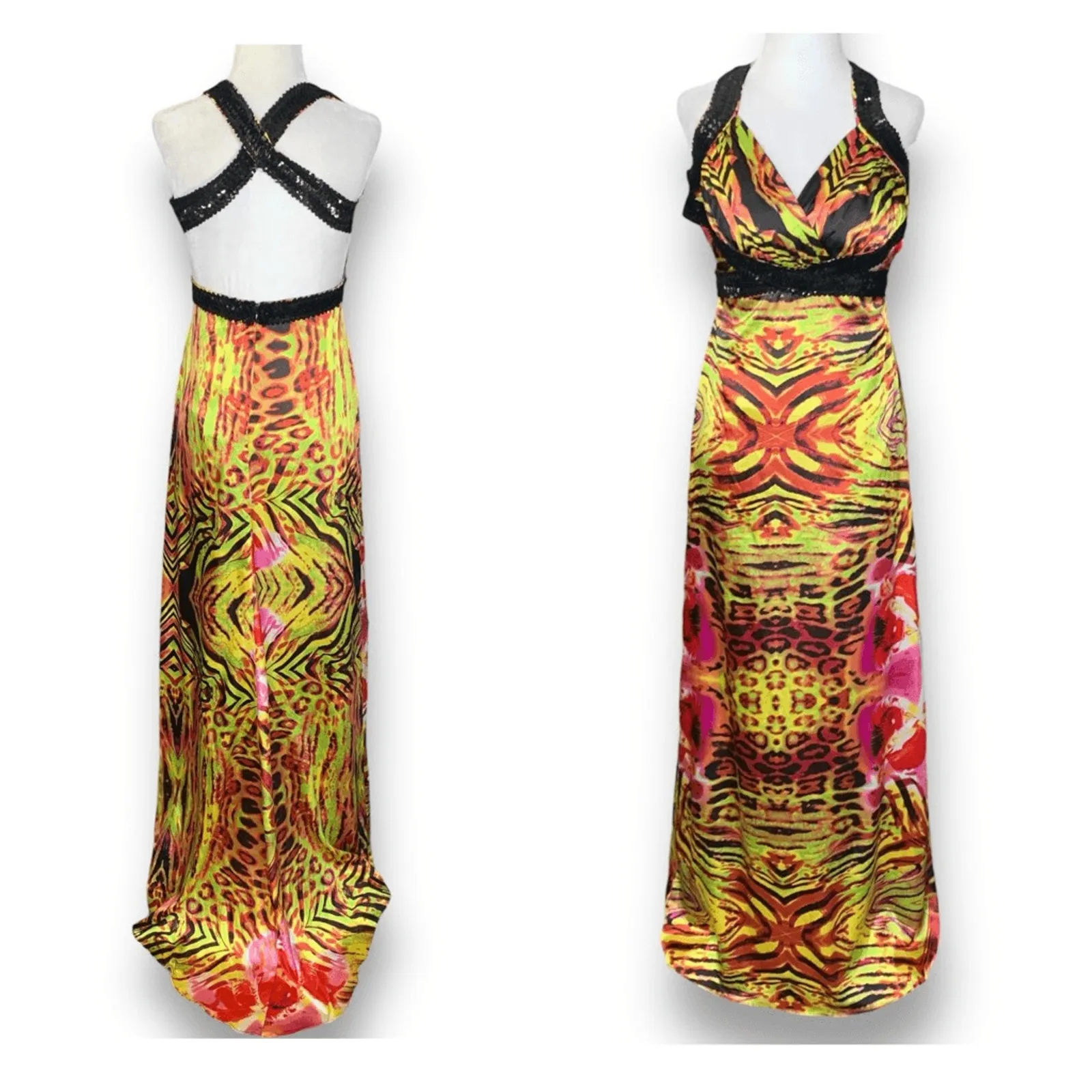 Vintage Zum Zum Niki Livas Halter Maxi Dress Size 6 Abstract Animal Print Yellow - Image 2
