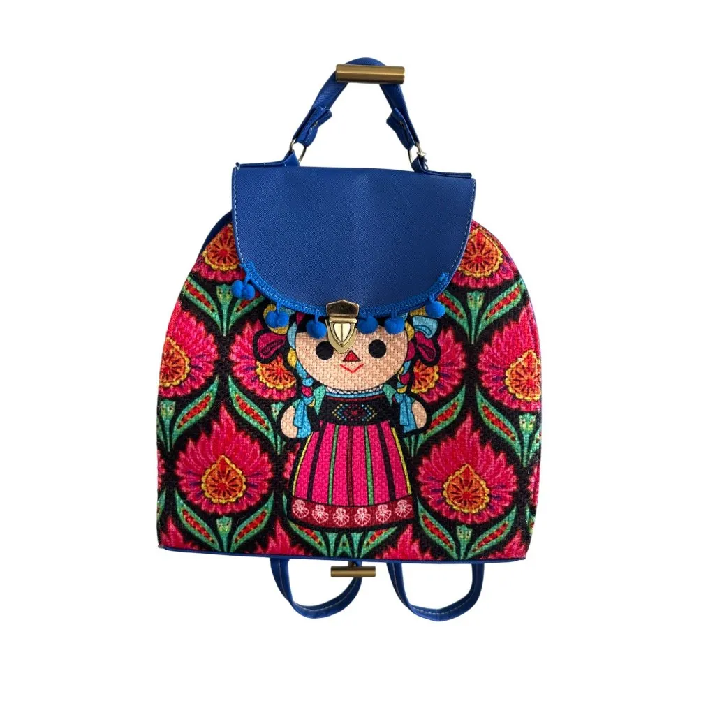 HANDMADE Mexican Inspired Muneca Doll Backpack Blue - Image 2
